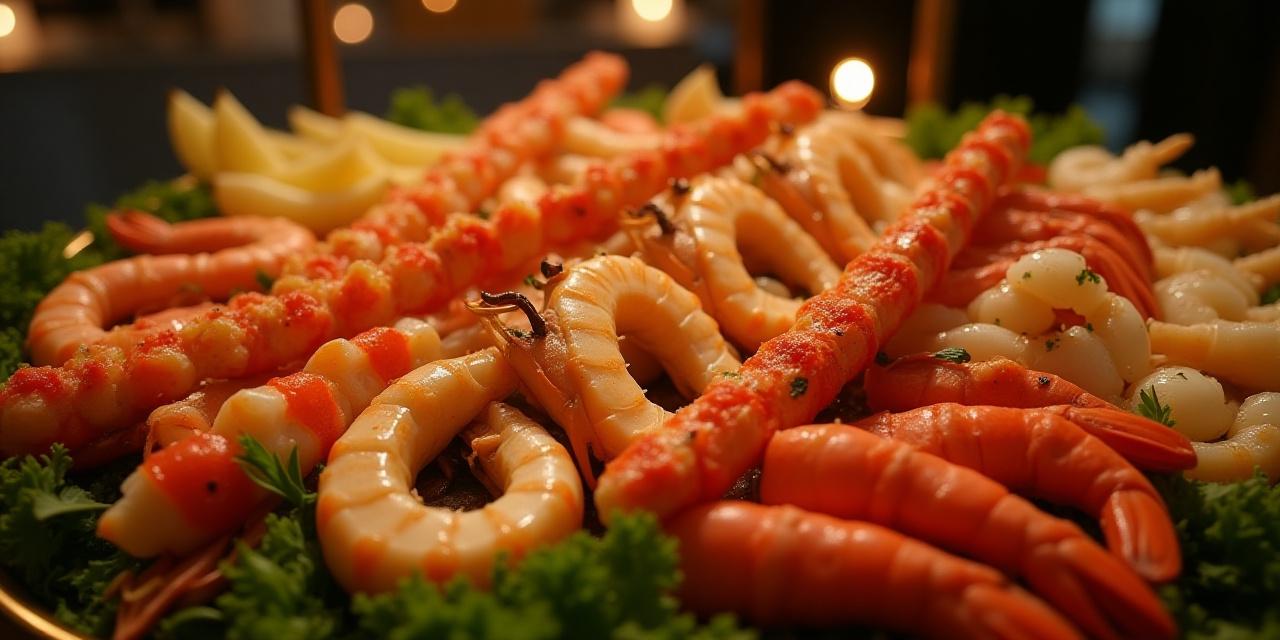 A lavish catering platter filled with various seafood skewers, fresh prawns, and vibrant snacks, beautifully arranged for an event.