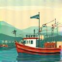 Illustration of a fishing boat and local community, symbolizing ethical sourcing.