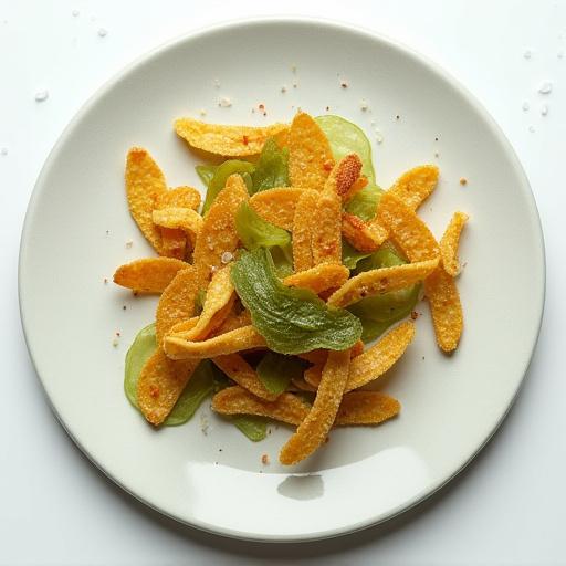 A minimalist dish of innovative kelp-based snacks, seasoned and perfectly crispy.