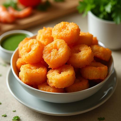 A bowl of crispy golden-brown prawn fritters with a side of vibrant green dipping sauce.